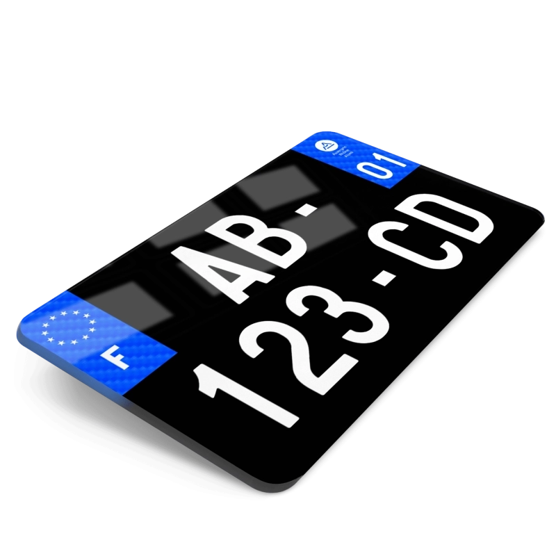 Plaque Moto Fond Noir Côtés Effet Carbone Bleu 21x13 cm Plaque Moto Fond Noir Côtés Effet Carbone Bleu 21x13 cm